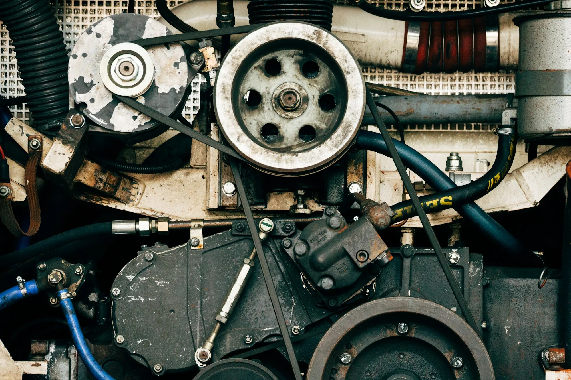 Close view of an engine's pulleys and drive belts