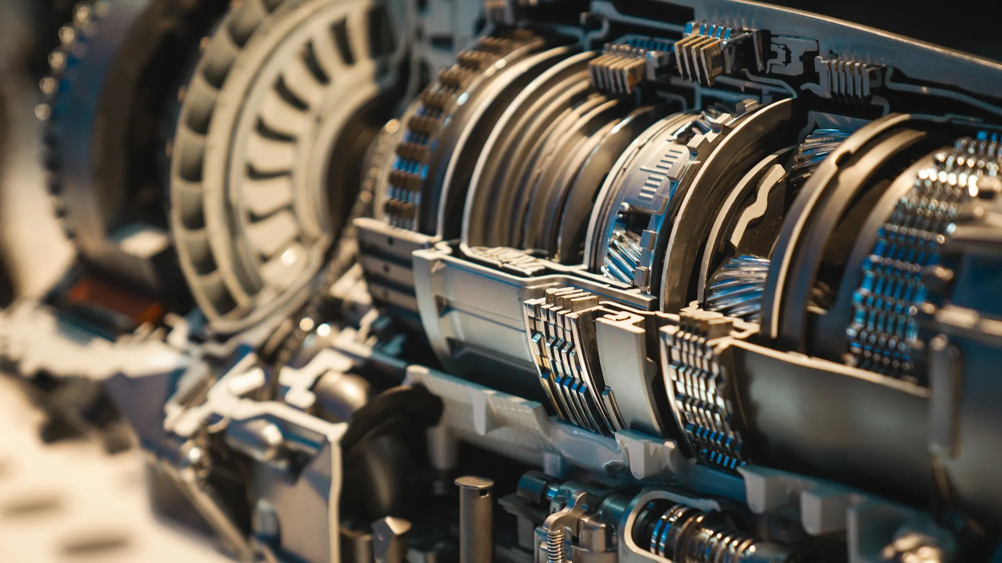 Precision transmission gears and clutch packs up close